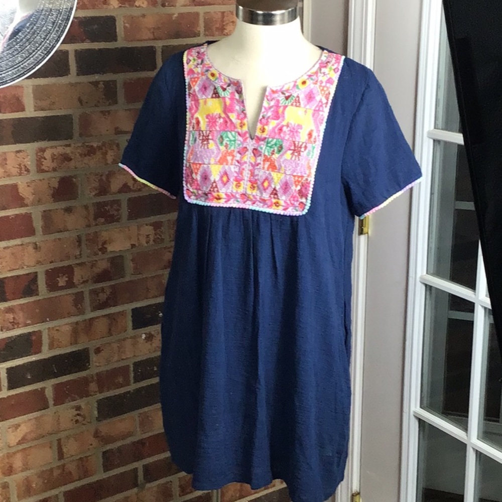 Entro Navy blue cotton dress with colorful embroidered front and side pockets!